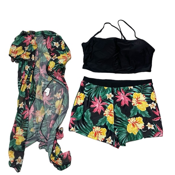 🌼💜NEW Tropical Floral Print Stretchy Black 3 Piece Swimsuit, Spaghetti Straps - Picture 7 of 8